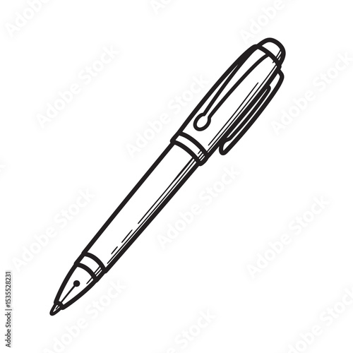 A detailed black and white silhouette illustration of a classic ballpoint pen with the cap on showing the clip and pen tip.