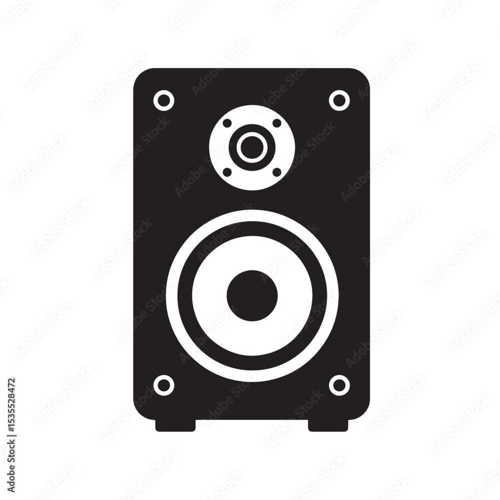 A minimalist black and white silhouette illustration showcasing a powerful audio speaker for sound systems and music events with iconic design. A minimalist black and white silhouette illustration showcasing a powerful audio speaker for sound systems and music events with iconic design.