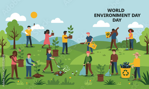 Flat illustration of a group of people celebrating World Environment Day, including tree planting, recycling. Suitable for environmental campaigns, news or educational content.