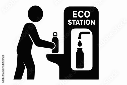 Black and White Eco Station Icon Person Filling Reusable Water Bottle Promoting Sustainability and Reducing Plastic Waste Featuring a Clear Visual Representation of Eco Friendly