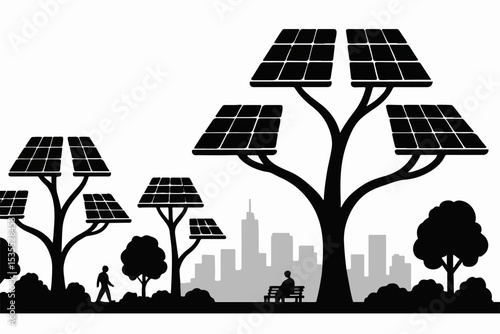 Sustainable Energy in the City A Black and White Illustration of Solar Panel Trees with People and a Cityscape representing renewable energy and urban sustainability