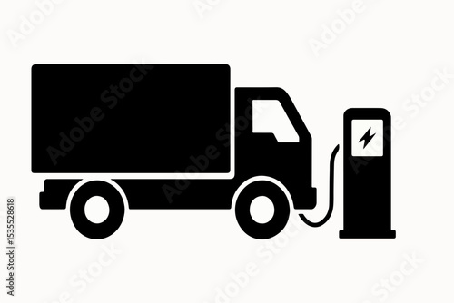 Electric Truck Charging Station Icon A Black Silhouette Depicting a Delivery Truck Connected to an Electric Vehicle Charging Station Symbolizing Sustainable Transportation and Eco Friendly