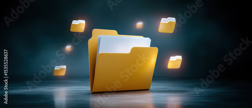 Digital folder icons represent data transfer with glowing yellow file folders floating in dark space showing organized digital information flow