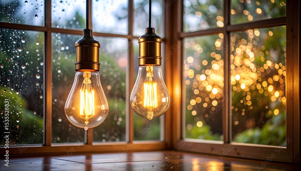 Obraz premium Warm lights in a rainy window