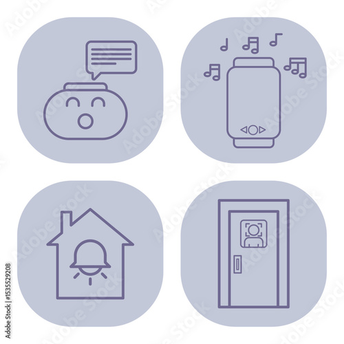 Set of four line icons with smart speaker with music notes, home alert system, conversational device, and doorbell with camera. Modern home technology concept