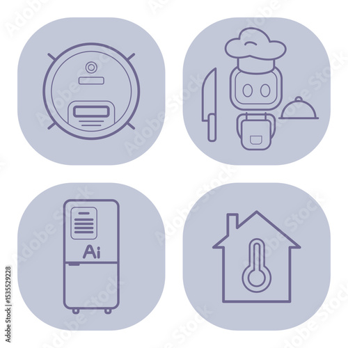Collection of modern home appliance icons. Robot vacuum, smart chef, refrigerator, and temperature sensor, showcasing modern living