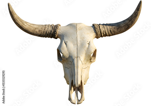 A weathered bull skull with aged horns, isolated on white or transparent background. PNG
