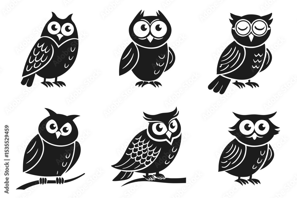 Fototapeta premium Set of six black and white vector illustrations of cute owls in various poses