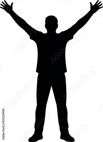 A man with his arms raised silhouette white background  