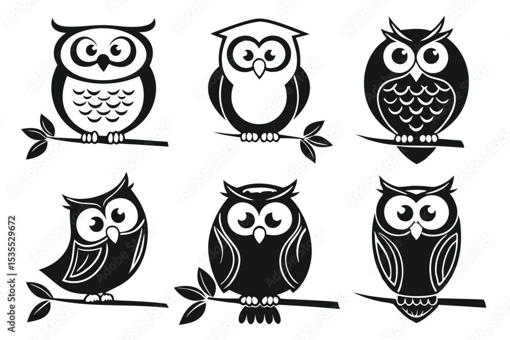 Fototapeta premium Set of six stylized black and white owl silhouettes perched on branches
