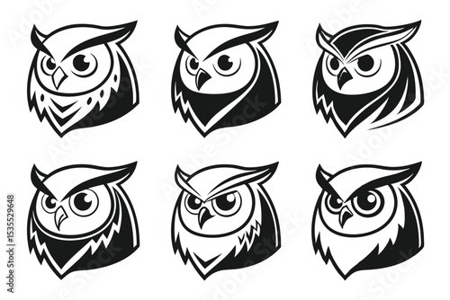 Set of six detailed black and white owl head designs for logos and creative projects