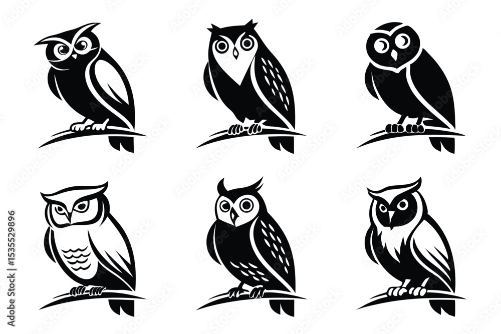 Fototapeta premium Six black and white owl silhouettes perched on branches in a modern design