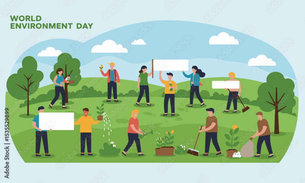 Naklejka premium Flat illustration of a group of people celebrating World Environment Day, including tree planting, recycling. Suitable for environmental campaigns, news or educational content.