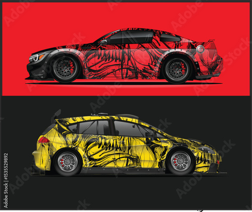 Two Sport Cars with Abstract Graphic Designs