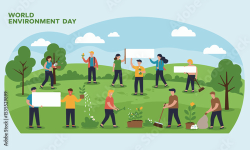Flat illustration of a group of people celebrating World Environment Day, including tree planting, recycling. Suitable for environmental campaigns, news or educational content.