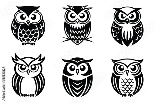 Six unique black owl silhouettes in various designs for logo and emblem applications