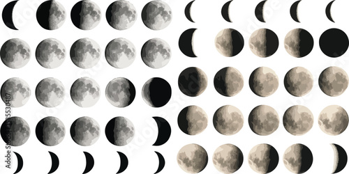 Vector illustration of moon phases showing waxing and waning cycles in grayscale and sepia tones. Ideal for astronomy, calendars, science education, and design projects.