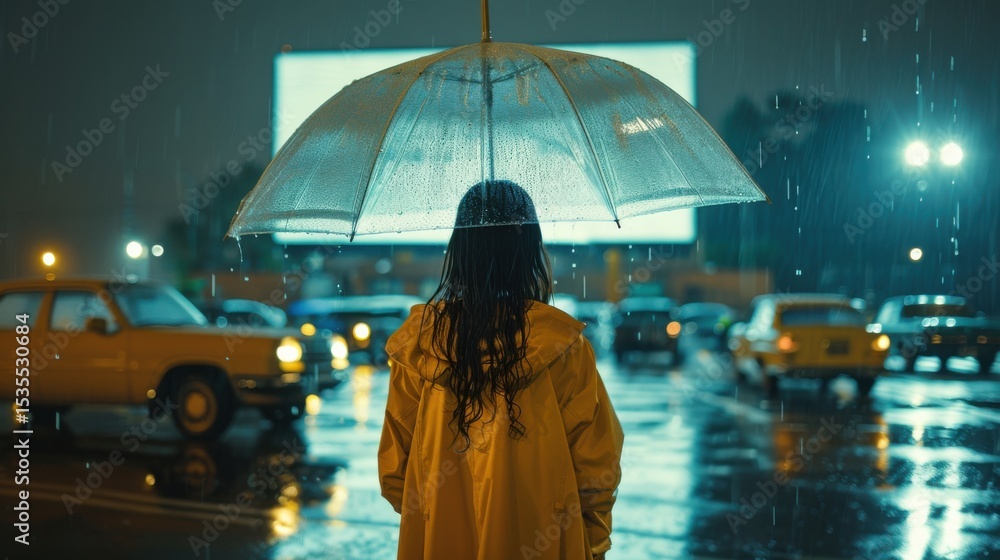 Obraz premium Lost in thought a solitary figure with an umbrella braving the rainy city streets at night with neon