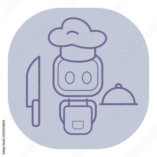 Line icon of robotic chef wearing hat, positioned next to knife and serving dish. The design highlighting culinary tools in minimalist style suitable for modern themes
