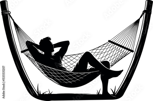 Man relaxing lying in hammock silhouette white background  