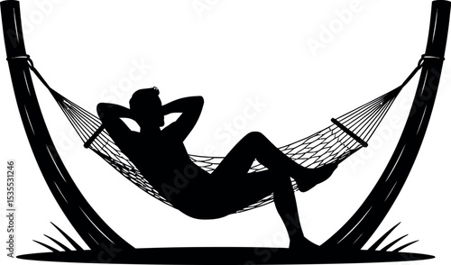 Man relaxing lying in hammock silhouette white background  