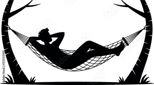 Man relaxing lying in hammock silhouette white background  