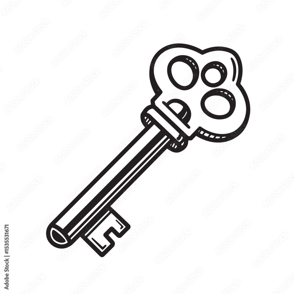 Hand-drawn black and white antique key vector illustration with a decorative bow and minimalist style silhouette. Hand-drawn black and white antique key vector illustration with a decorative bow and minimalist style silhouette.