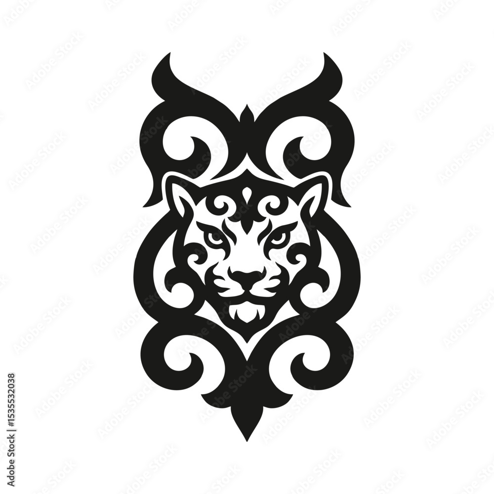 Fototapeta premium Tribal leopard head in ornamental style, black and white tattoo design with ethnic decorative elements, wild big cat face isolated on white background, symmetrical vector illustration