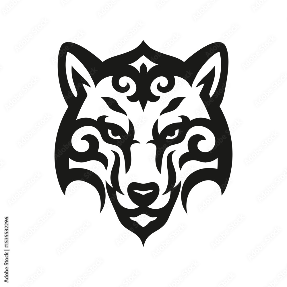 Obraz premium Stylized tribal wolf head in black ornament, ethnic totem design, wild animal illustration, tattoo or emblem concept, isolated on white background.