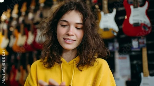 Wallpaper Mural Young woman exploring guitar store with joyful enthusiasm and curiosity Torontodigital.ca