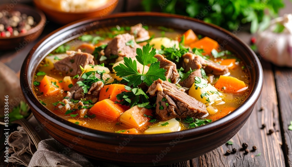 Hearty beef soup in bowl Hearty beef soup in bowl