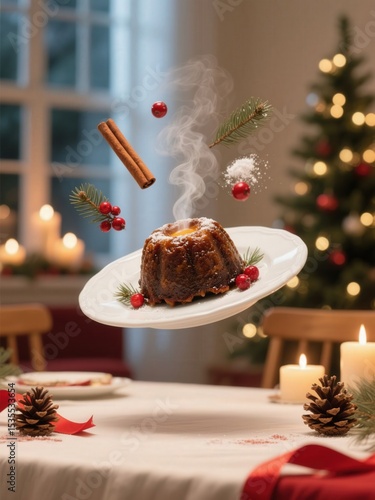 Steaming Christmas Pudding with Cinnamon and Berries on a Festive Table