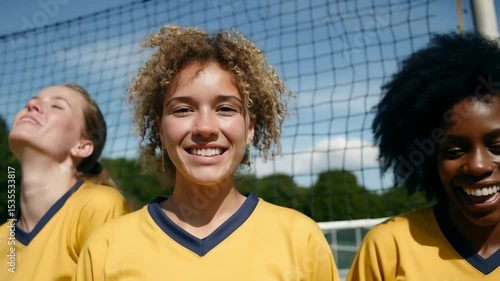 Energetic teenage girls celebrate victory on sunny outdoor soccer field together