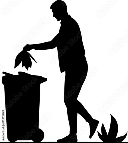 Man throwing leaves into bin while promoting environmental awareness  