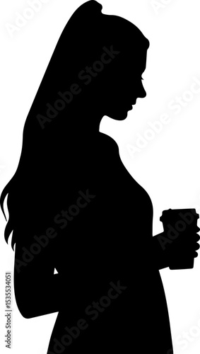 Woman holding a coffee cup in silhouette against a plain background  