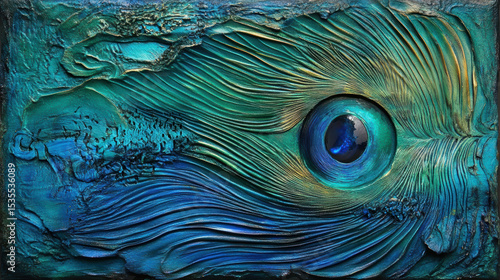 Vibrant abstract painting of peacock feather with detailed textures, rich colors, and intricate patterns showcasing the beauty of nature's elements artwork