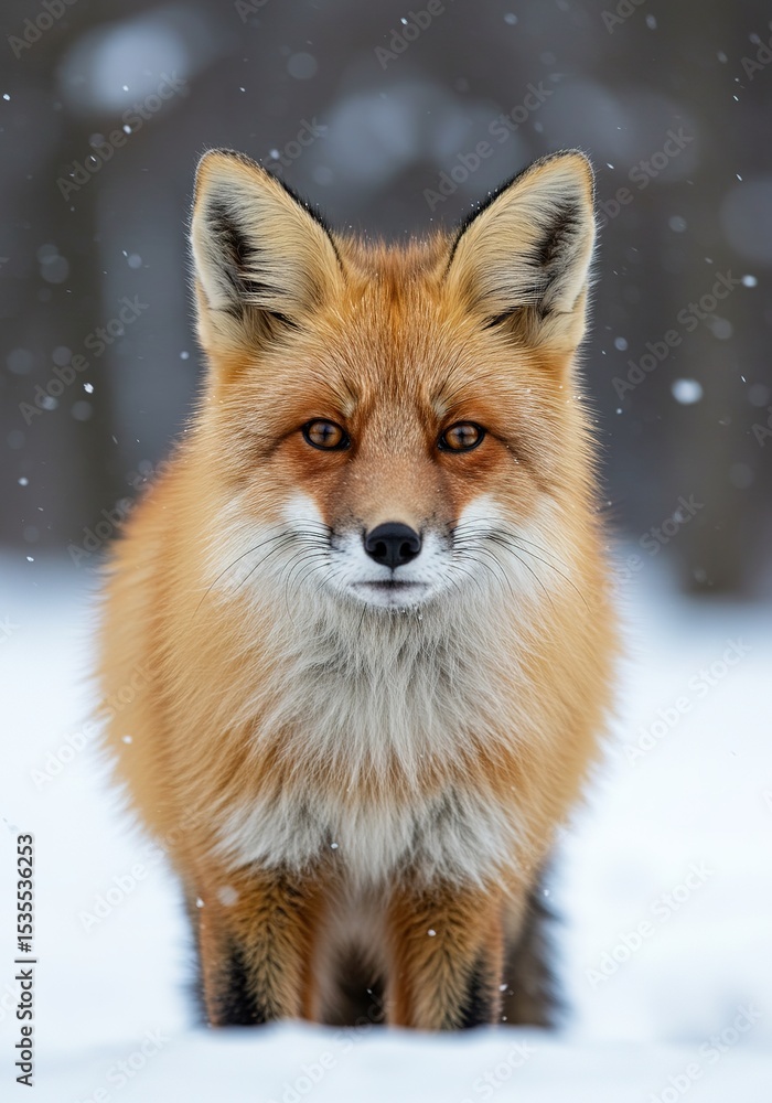 Obraz premium Red fox sits in a snowy outdoor environment looking directly at the viewer.