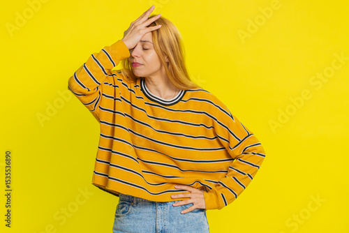 Fotografie Sad young Caucasian woman feeling hopelessness loneliness, nervous breakdown, loses becoming surprised by lottery results, bad fortune, loss unlucky news