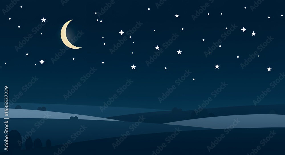 Fototapeta premium Night Landscape with Crescent Moon and Stars in the Sky Illustration