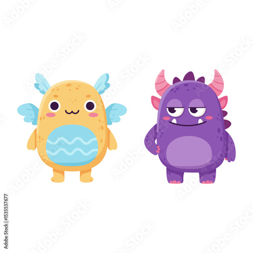 Cute pink baby monster cartoon character vector illustration set