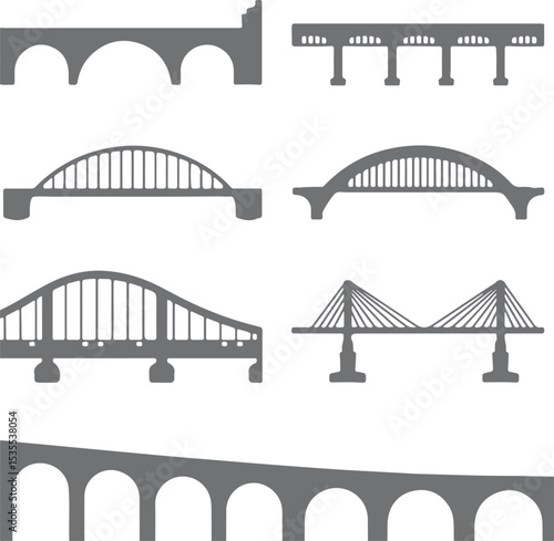 Gray Silhouette Collection of Various Bridge Types Arch Suspension Cable Stay and Beam Bridges Engineering Infrastructure Designs