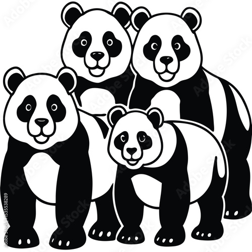 A group of four smiling giant pandas in black and white isolated on white background