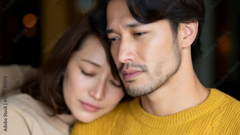 Tender emotional connection between couple in cozy setting Tender emotional connection between couple in cozy setting