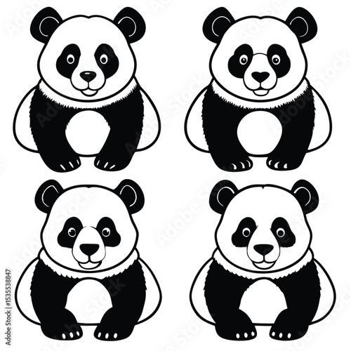 Adorable black and white panda bear illustrations in various poses for cute designs