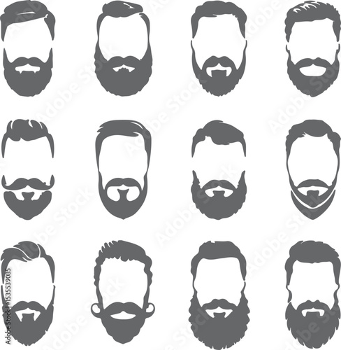 Twelve Gray Silhouette Icons Depicting Various Men's Hairstyles and Beard Styles on White Background Collection of Male Facial Hair and Haircut
