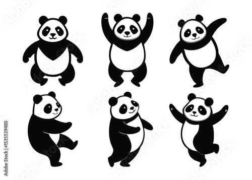 Adorable black and white pandas posing in various fun and playful animated positions