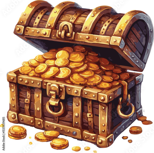Watercolo vector illustartion of a historic chest with gold money