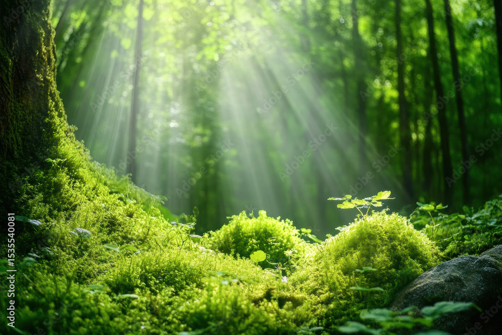 Fototapeta premium Lush green forest scene with sun rays streaming through tall trees illuminating moss and foliage in a peaceful natural environment