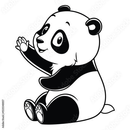 Adorable cartoon panda bear sitting and waving in simple black and white illustration