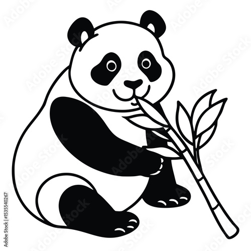 Adorable cartoon panda enjoying bamboo leaves in minimalist black and white illustration